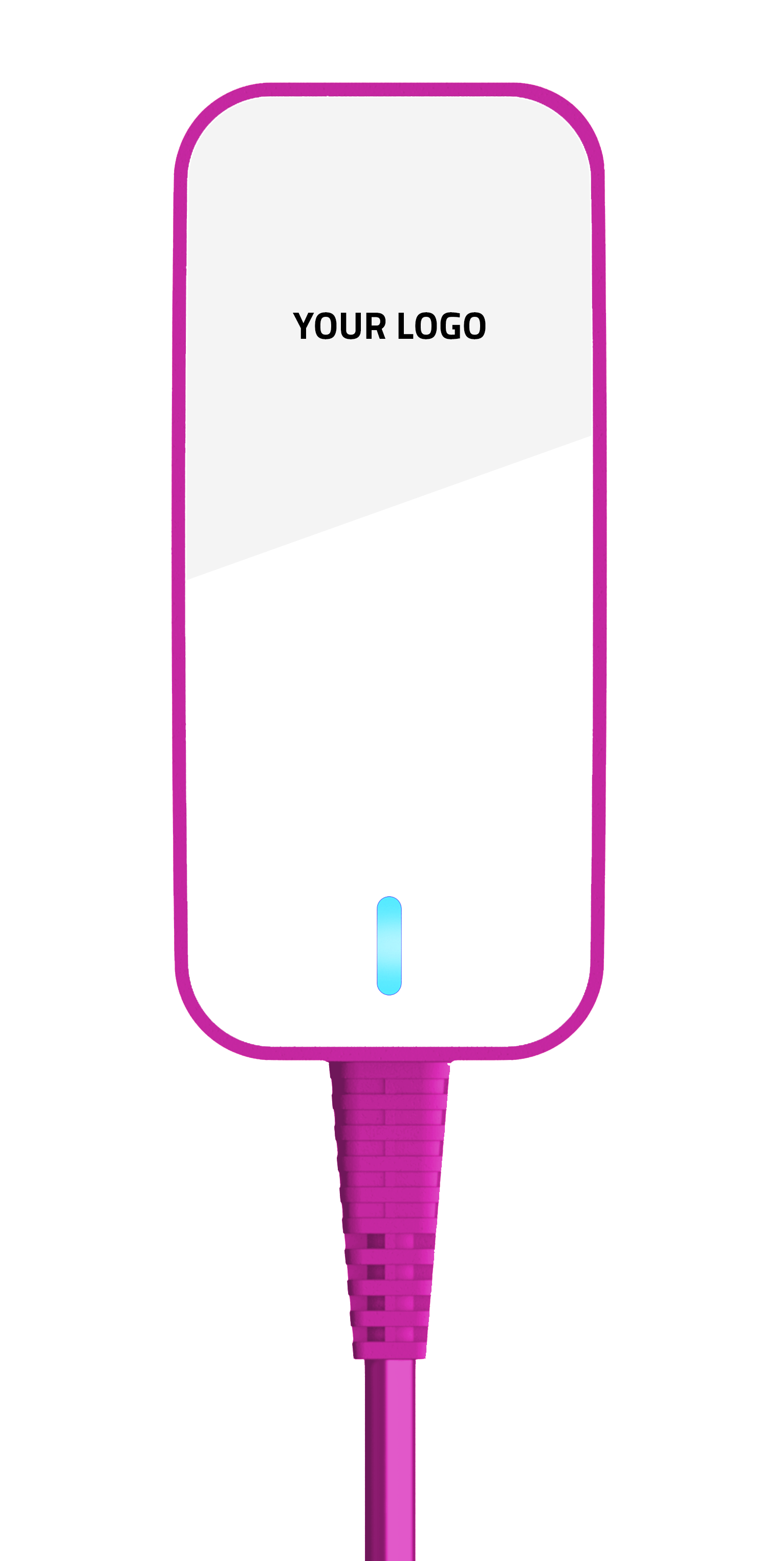 A white power supply charger with a blue light on it and pink trim.