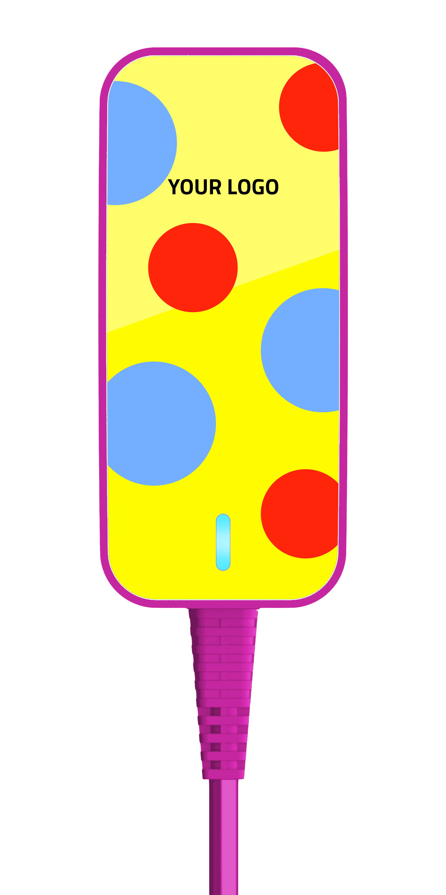 A yellow power supply charger with colourful dots a blue light on it and pink trim.