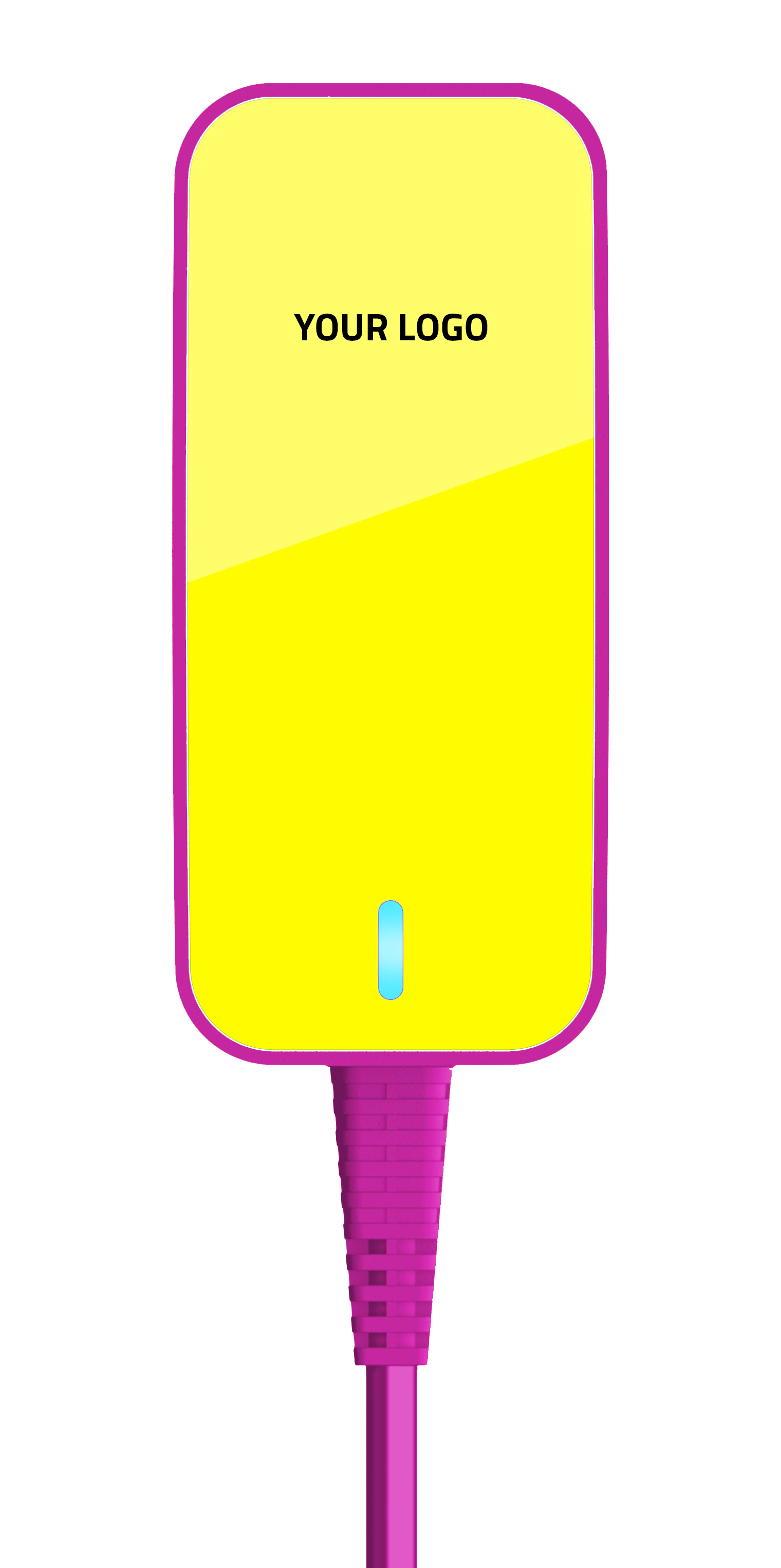 A yellow power supply with a pink trim and a green light on it.