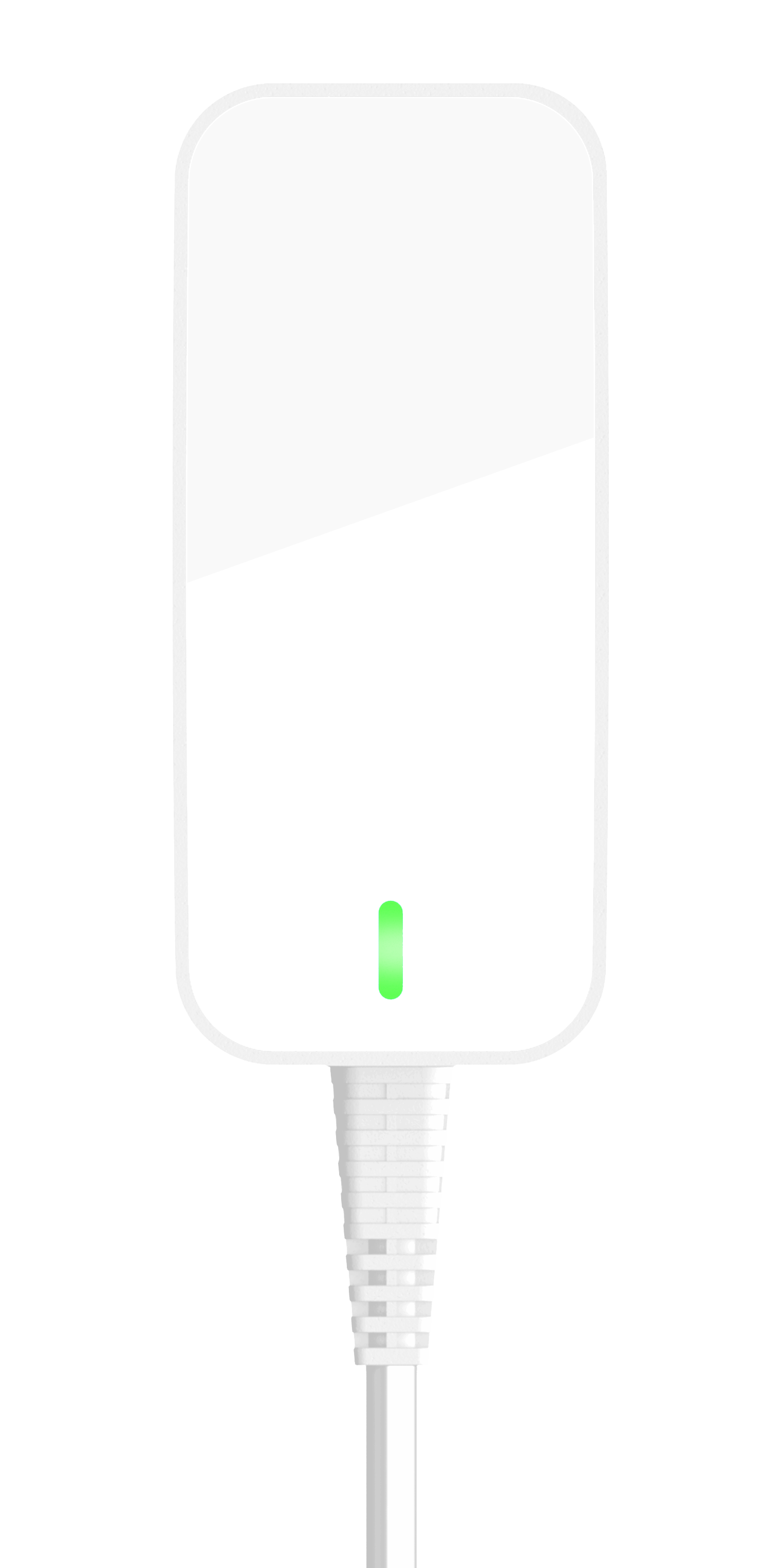 A white power supply charger with a green light on it.