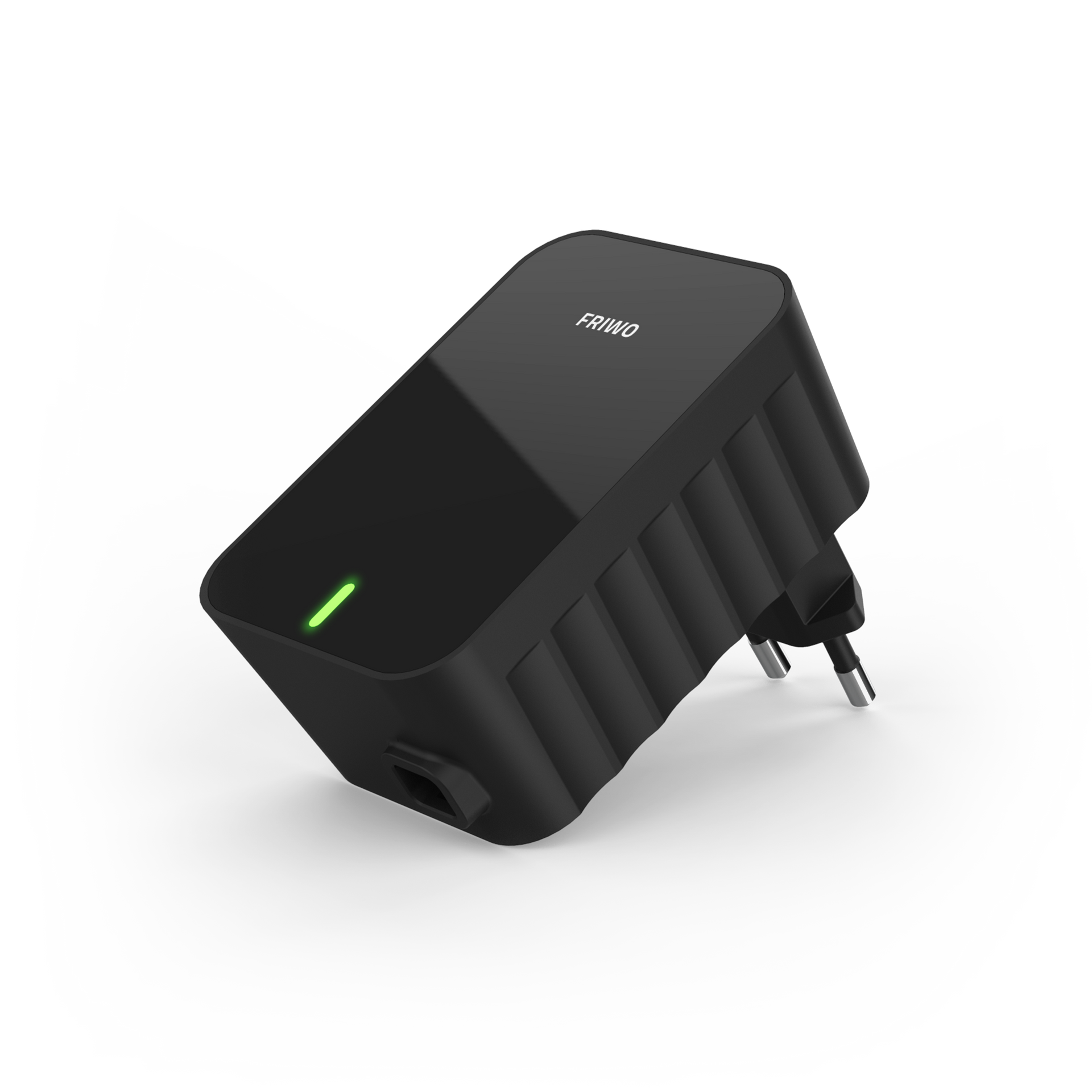 A black power supply with a green light on it