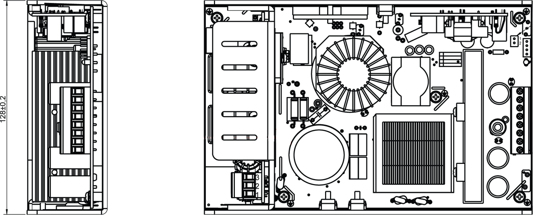 A black and white drawing of an open frame power supply with measurements.