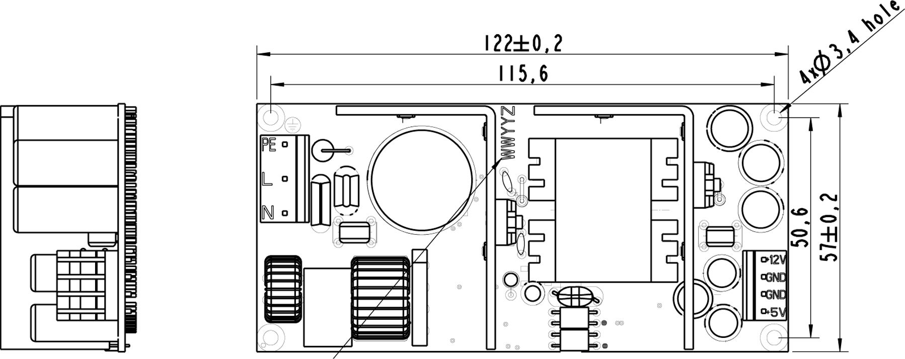 A black and white drawing of an open frame power supply with measurements.