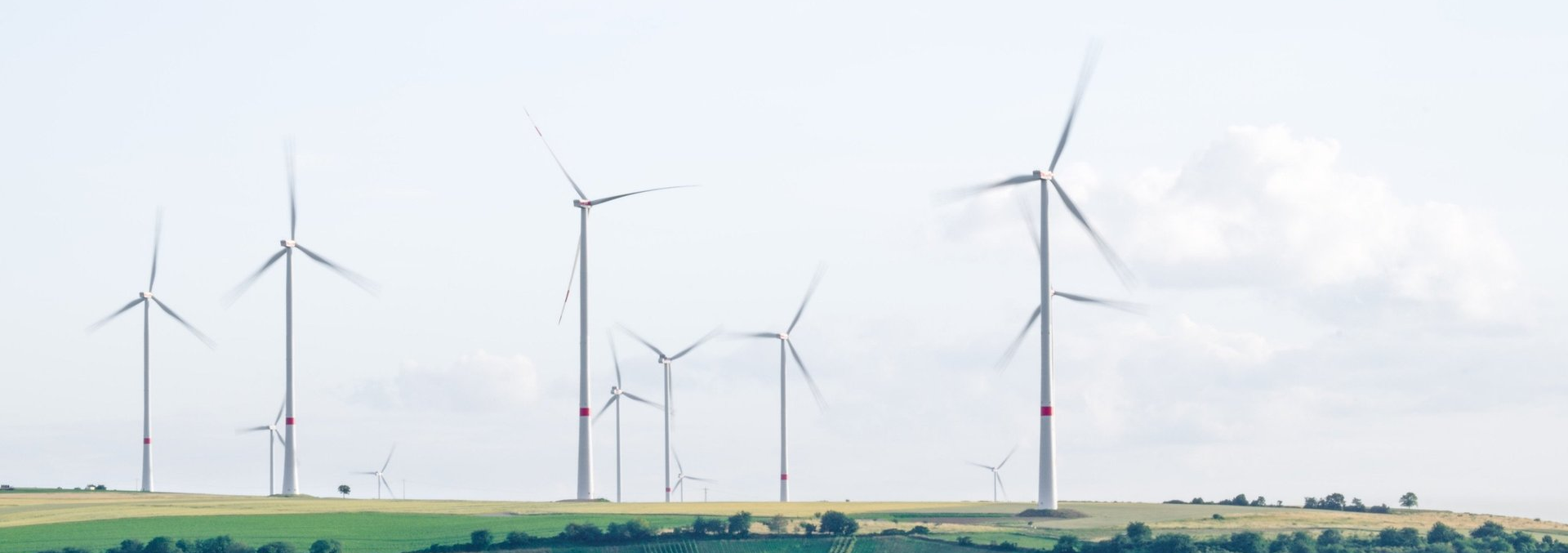 A row of wind turbines are sitting on top of a grassy hill.