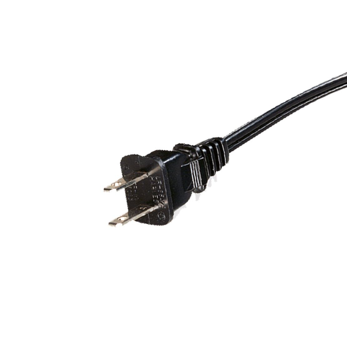 A close up of a black power cord with a plug on a white background.