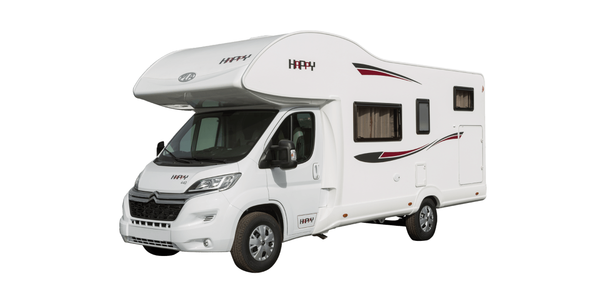 White RV with red accents parked on a white background.