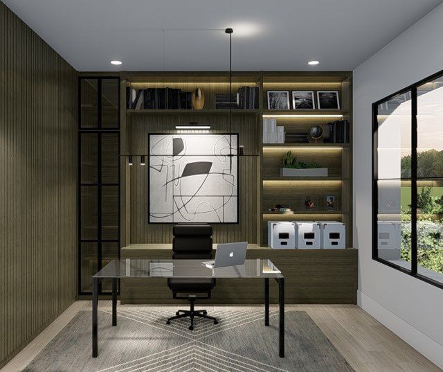 A rendering of a home office with a desk and chair