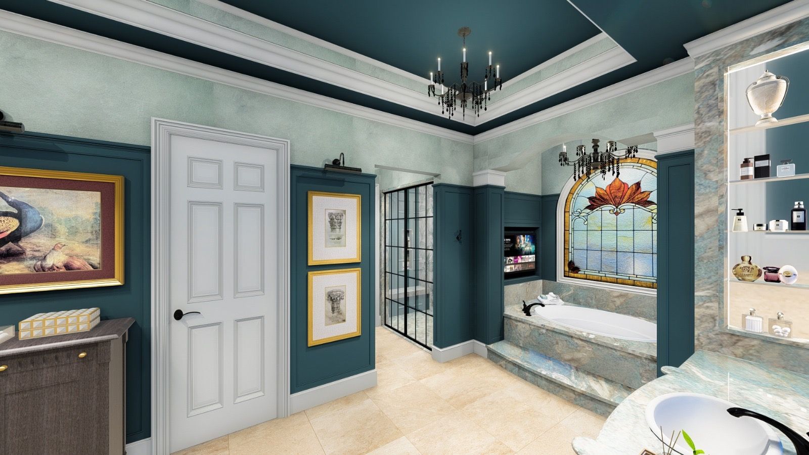 A bathroom with a bathtub , sink , mirror and painting on the wall.