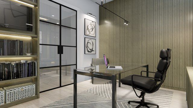 A 3d rendering of a home office with a glass desk and chair.