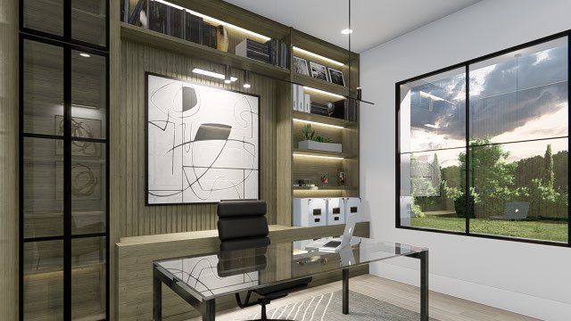 A 3d rendering of a home office with a desk and chair.