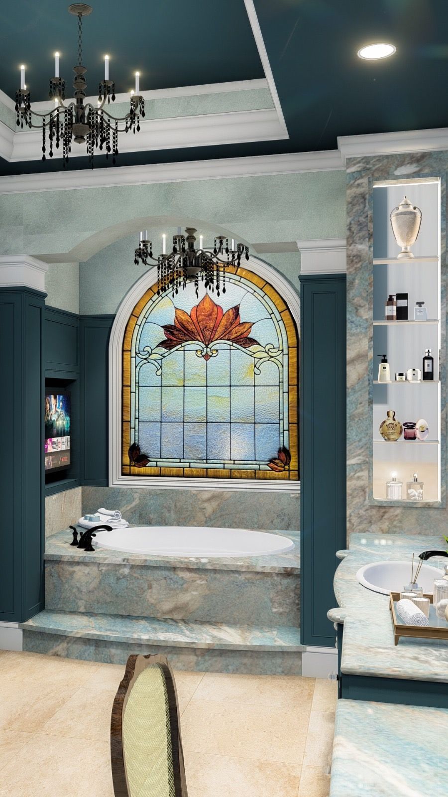 A bathroom with a stained glass window and a bathtub.