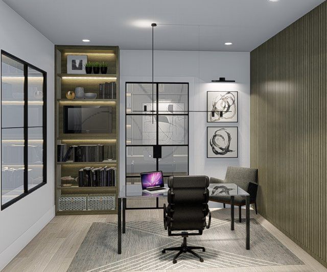 A rendering of a home office with a desk and chairs