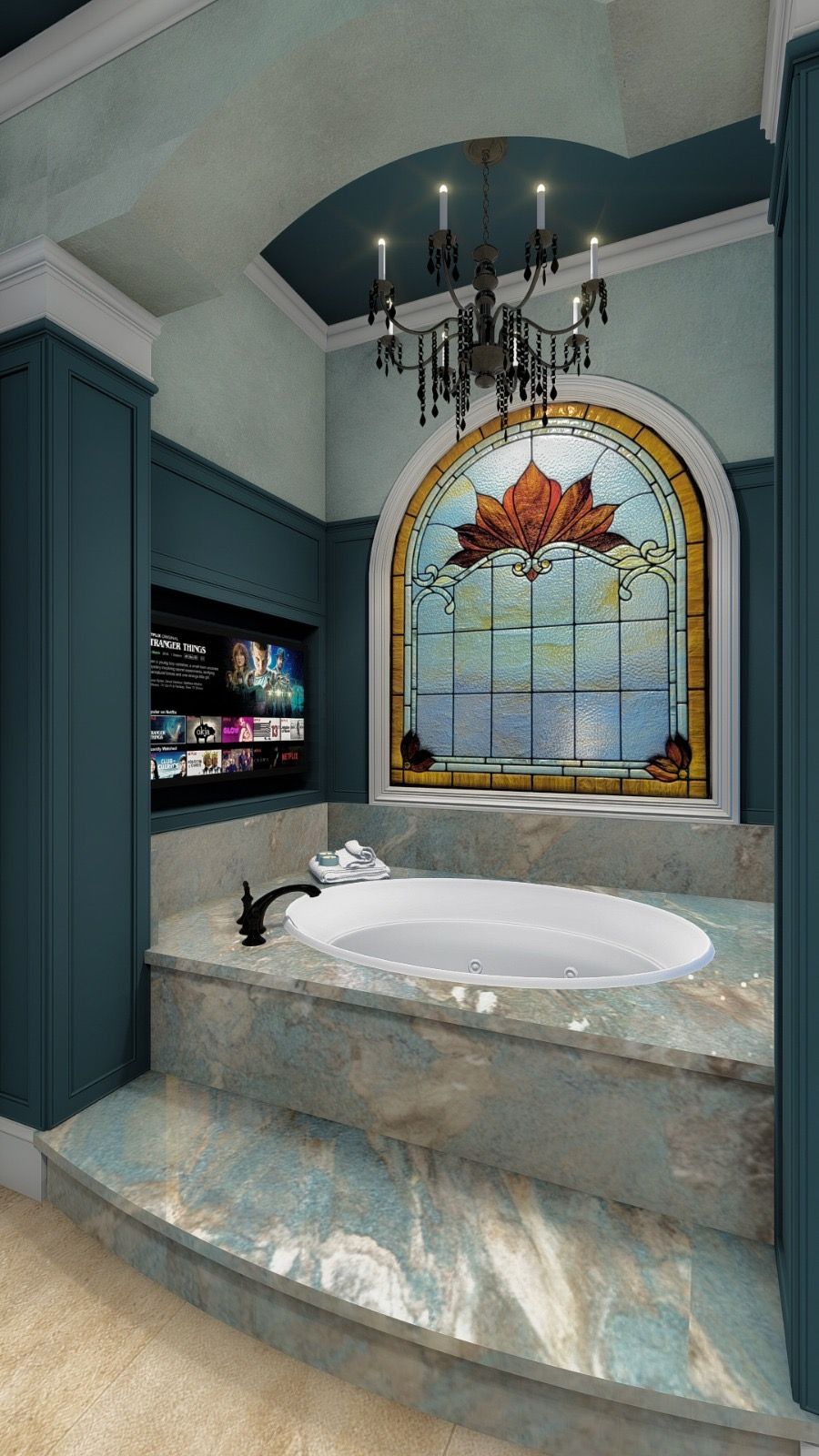 A bathroom with a tub and a stained glass window.
