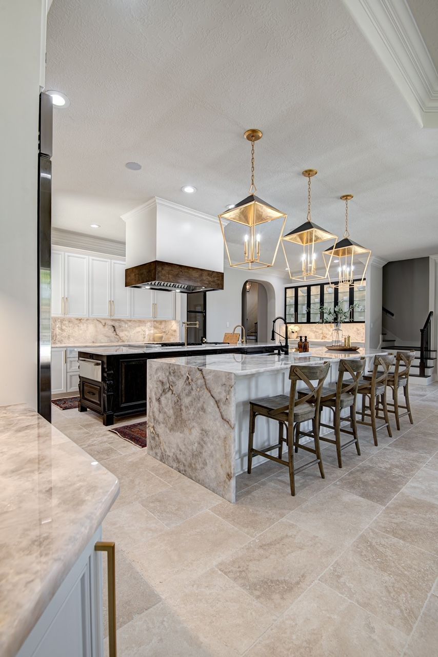 A kitchen with a large island and stools