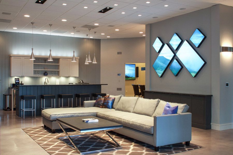 A living room with a couch and a coffee table