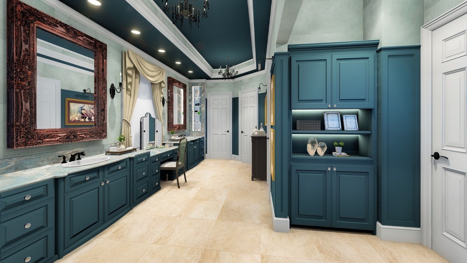 A bathroom with blue cabinets and a large mirror
