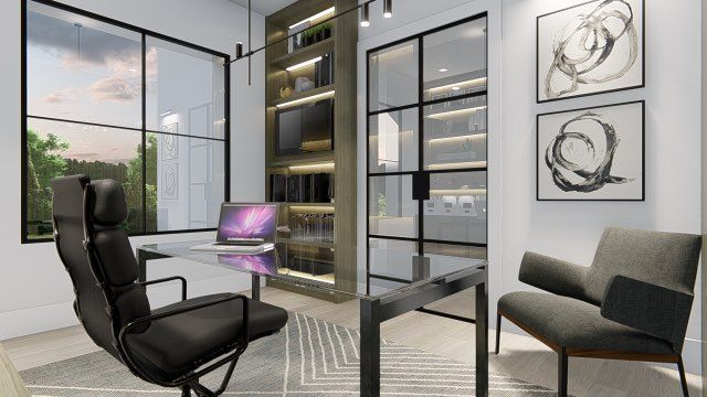 An artist 's impression of a home office with a desk and chairs.