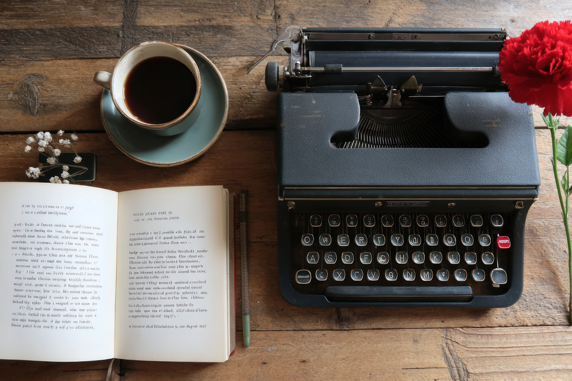 Vintage typewriter, open book, cup of coffee, and red carnation on wooden table.