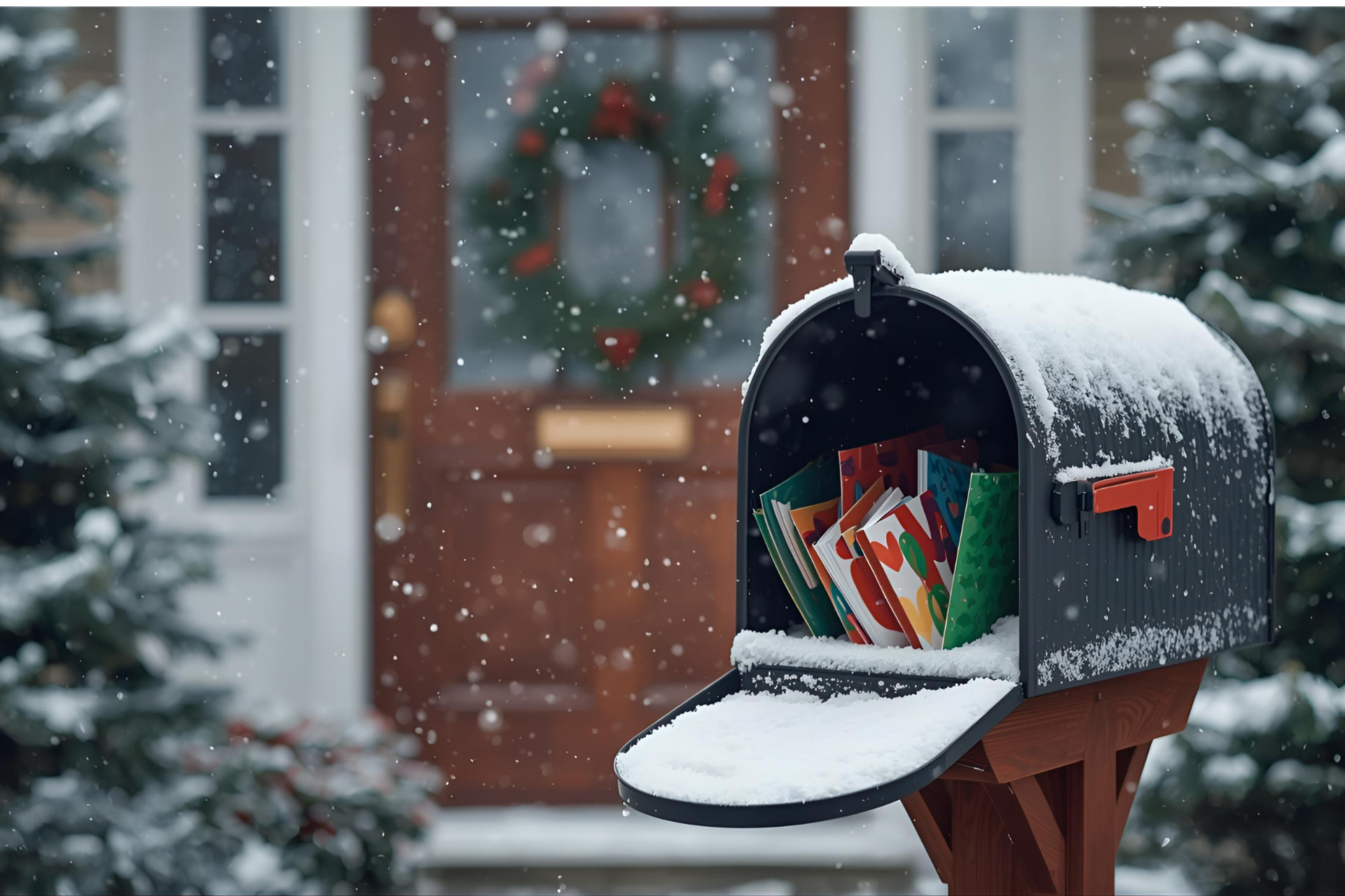 Snowy mailbox overflowing with wrapped gifts in front of a house decorated for Christmas.