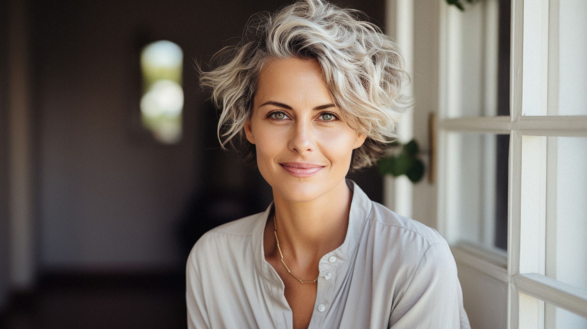 A woman with gray hair is sitting in front of a window and smiling.