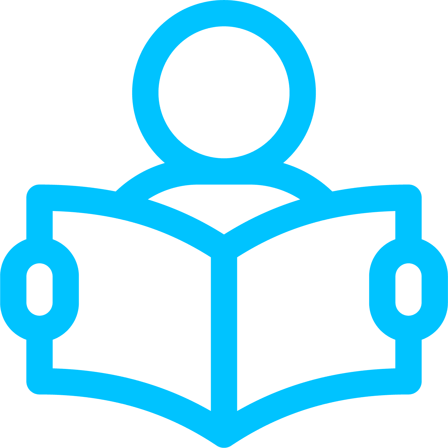 A blue icon of a person reading a book.