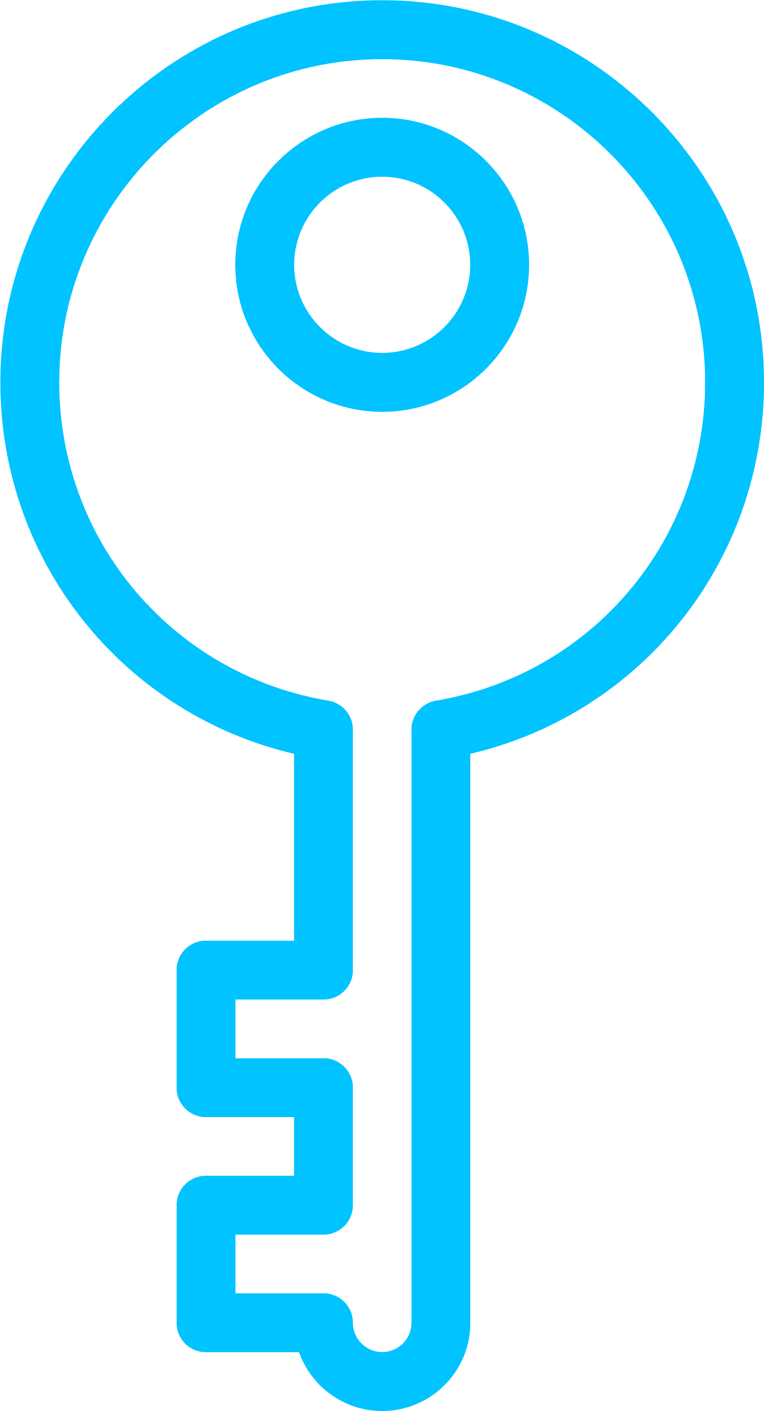 A blue key with a circle in the middle on a white background.