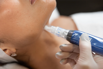 A woman is getting a microneedle treatment on her neck.