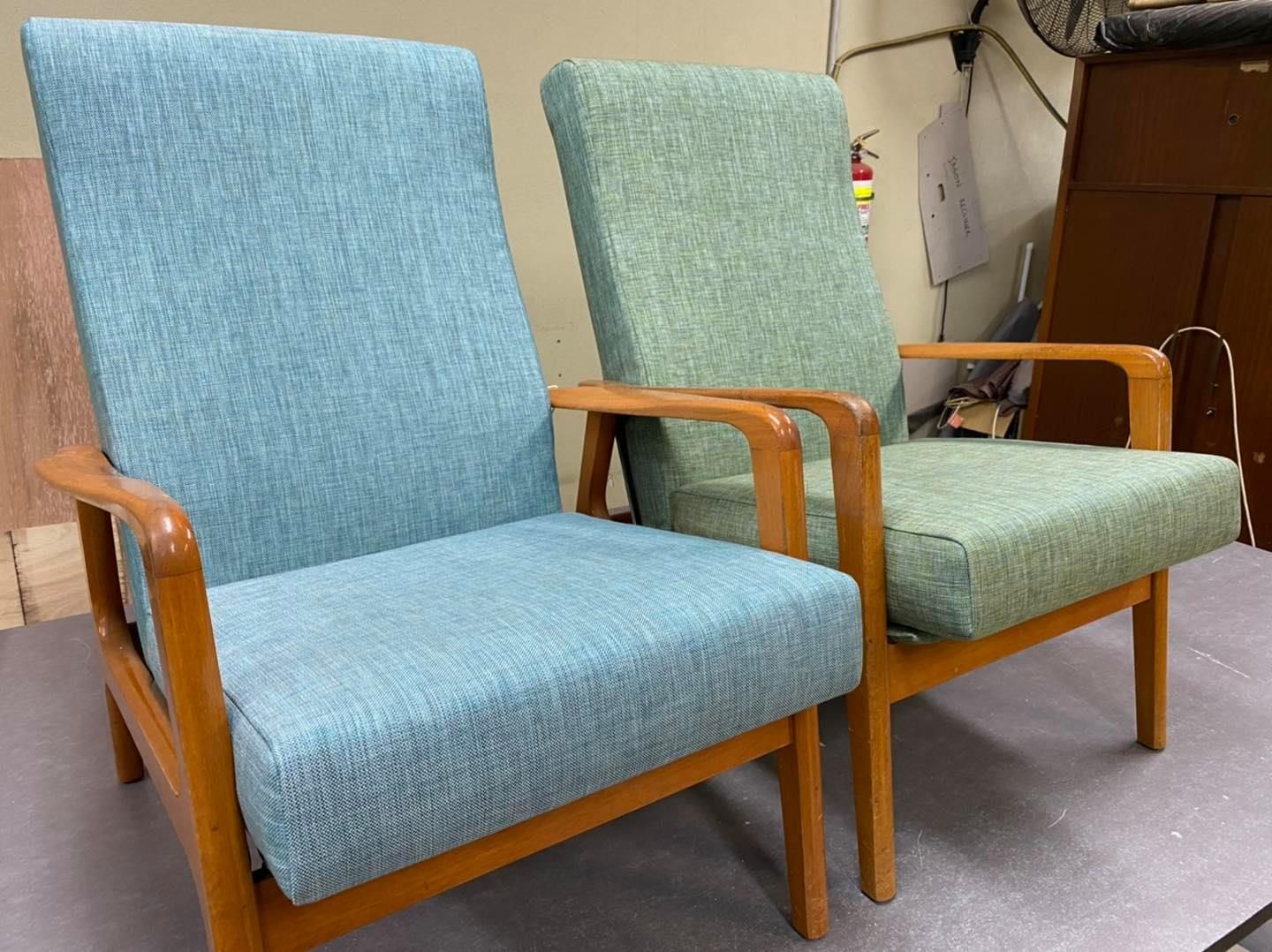 A Row Of Wooden Chairs With Black Leather Seats — Aztak Upholstery In Manunda, QLD