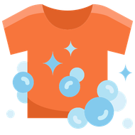 An orange t-shirt is surrounded by blue bubbles and stars.