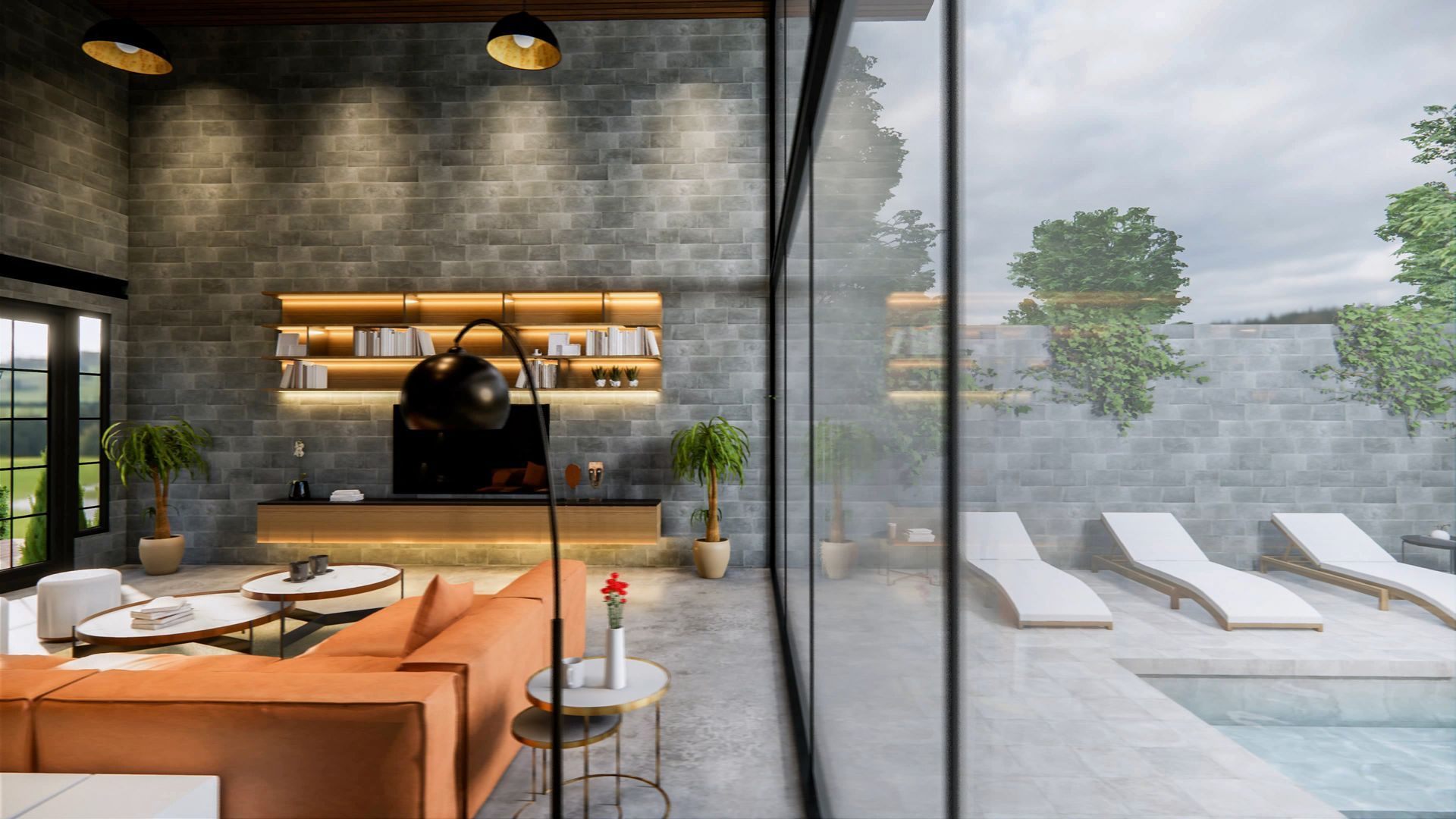 A living room with a couch , table , chairs and a swimming pool.