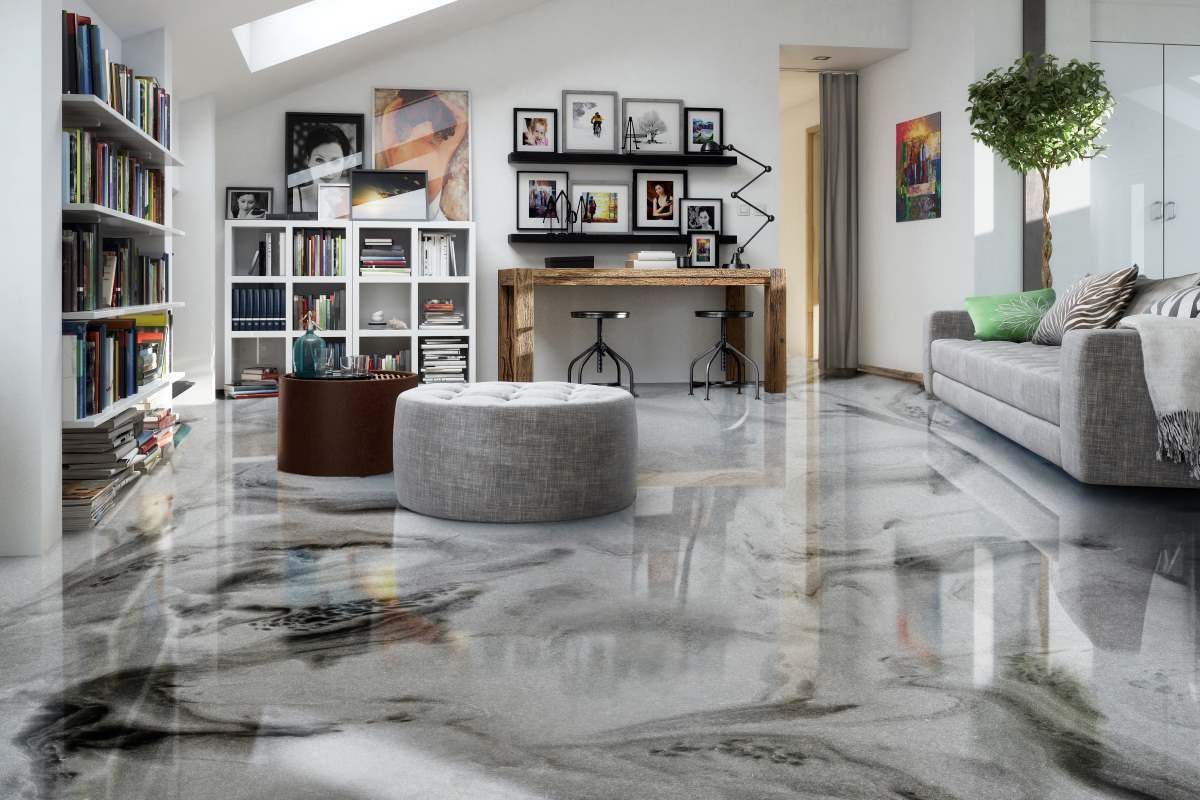 a living room with a marble floor and a couch