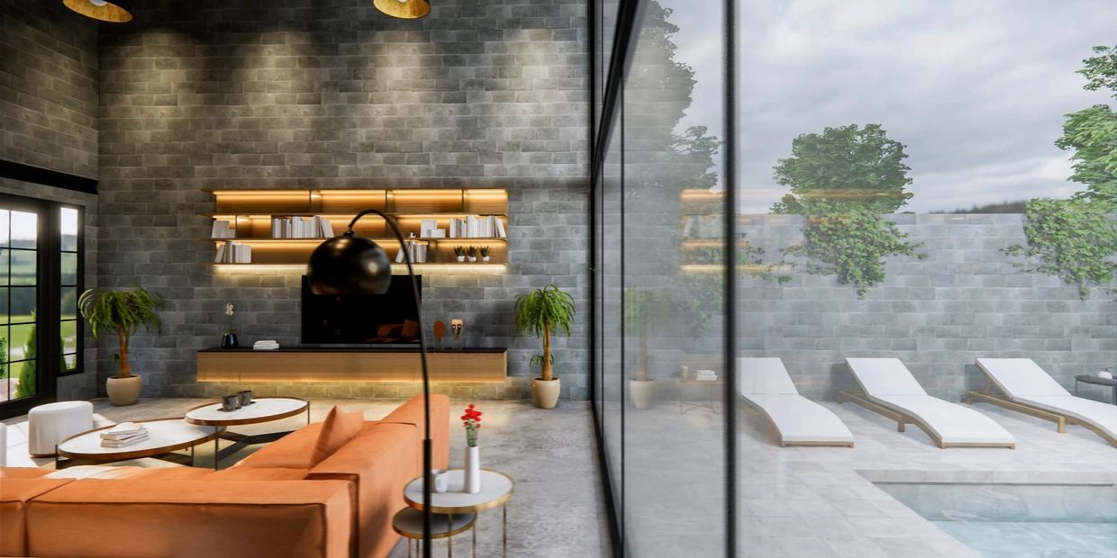 A living room with a couch , table , chairs and a swimming pool.