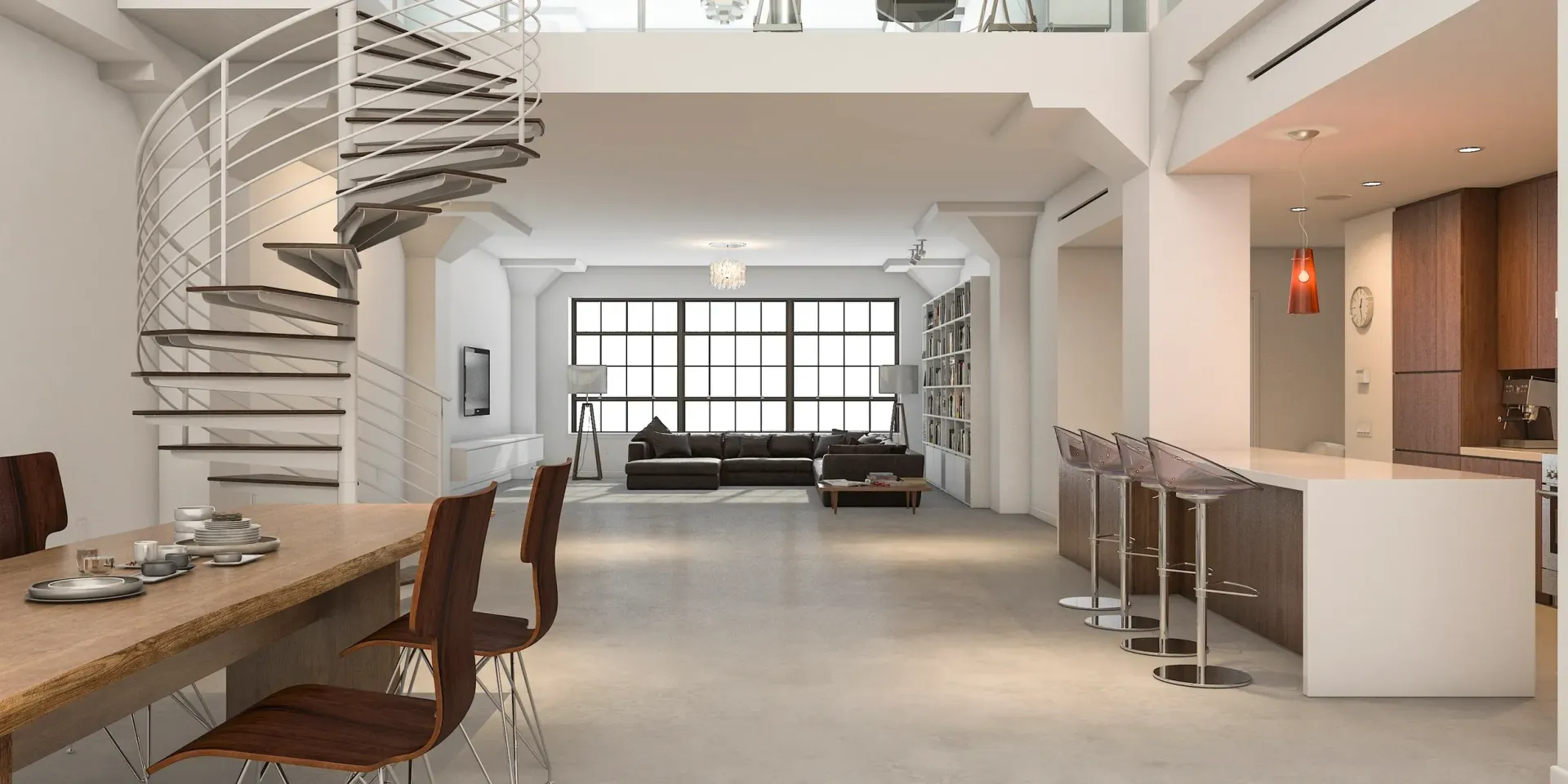 there is a spiral staircase in the middle of the room .