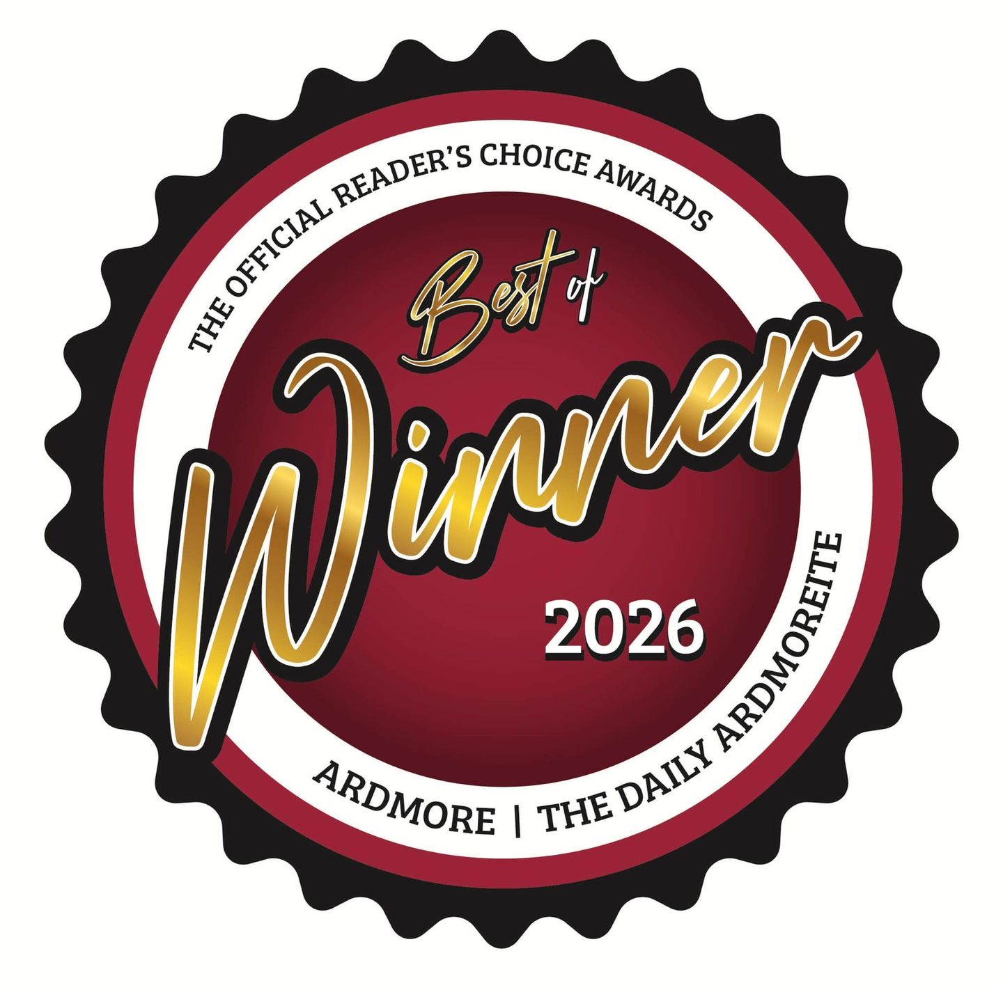 2026 Best of Winner award badge for The Daily Ardmore, red and gold seal with scalloped black edge