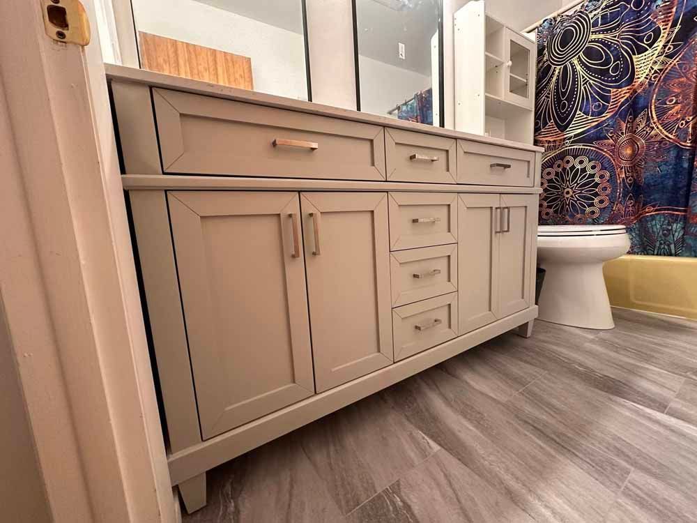 Bathroom with a gray vanity, wooden-look flooring, and a patterned shower curtain.