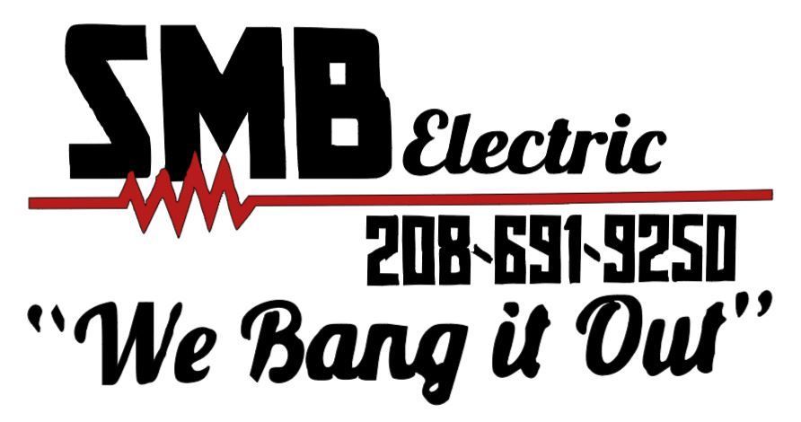 SMB Electric logo: Black letters, red voltage line, phone number, and slogan.