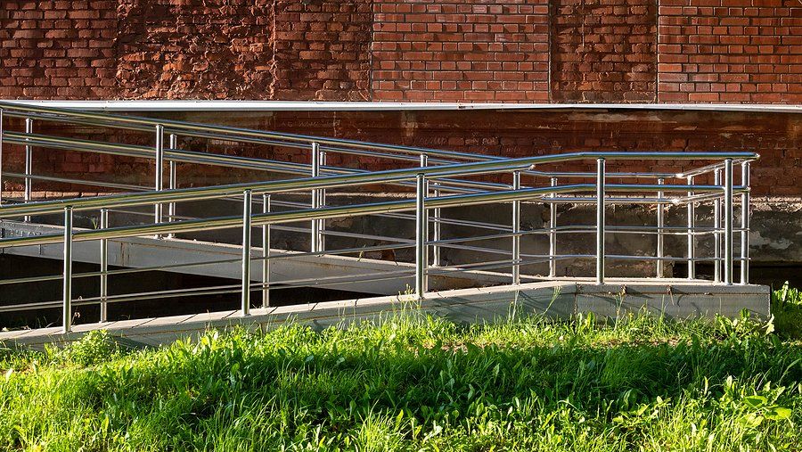 a walkway with handrails