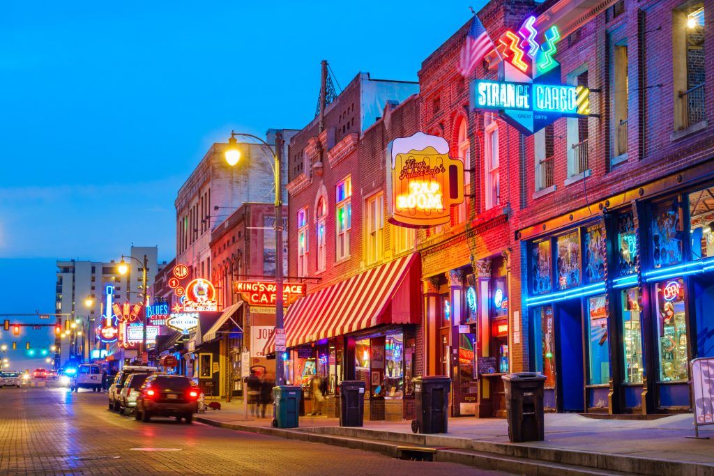 Colorful cafe bars at the iconic Beale Street in Memphis, Tennessee