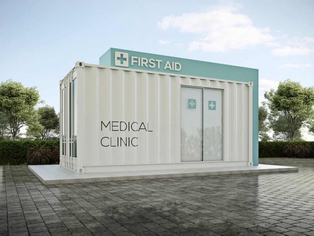 A Shipping Container Has Been Converted Into A First Aid Medical Clinic — Whit Coast Sheds in Bowen, QLD