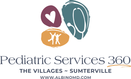 Logo for Pediatric Services 360, featuring colorful shapes: heart, stethoscope, children, with text 