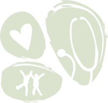 Green shapes with a white heart, stethoscope, and children, representing health and care.
