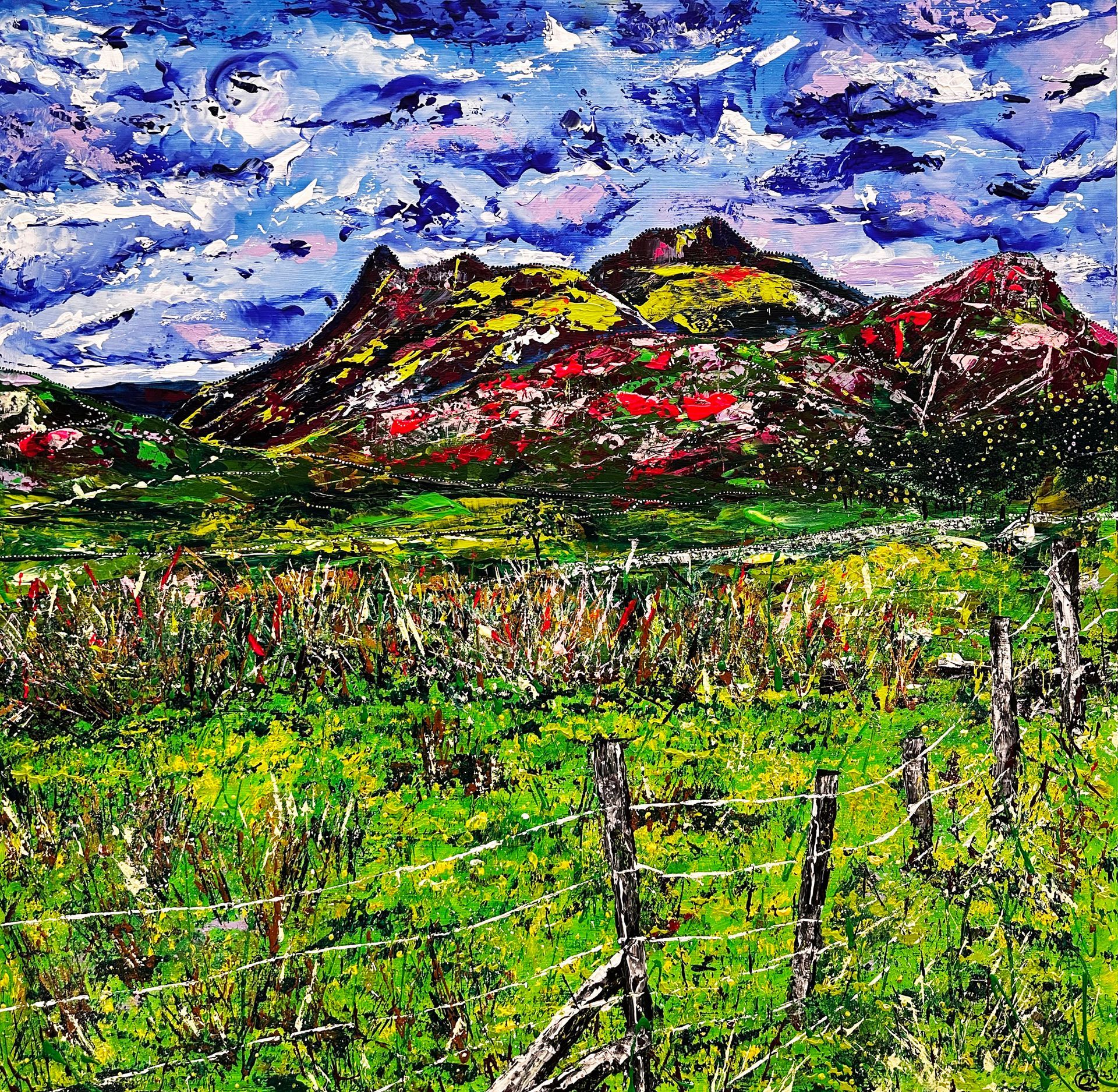 Large contemporary painting of the Langdale Valley in The Lake District England, painted with my fingers and including inspiration of Aboriginal dot art, encapsulating the spiritual aspect of nature within art and the beauty of the natural world. Vivid colours painted with pallet knife onto wood board.
“Boundaries of Freedom” represents the landscape within the fenced borders of the Lake District. Not only is it an expression of the land, but also of the spiritual sensation the soul experiences when feeling home, here in nature. There is a sensation of peace and love expressed through the vibrant colours and meandering dot detail. Freedom has boundaries, and 
standing here before the fence shares a feeling of excitement, desire and longing to step over and be within the boundaries of freedom.