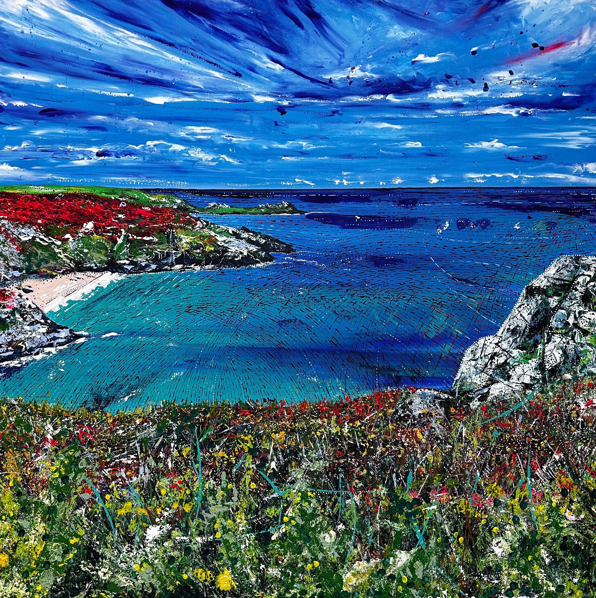 Large contemporary painting of Zennor Head in Cornwall, painted with my fingers and including inspiration of Aboriginal dot art, encapsulating the spiritual aspect of nature within art. Memories of Cornish folklore and the rugged coastline.
“LIFE CURRENT” represents Zennor Head in Cornwall. The ocean currents, like arteries of our Earth, swirl and dance to the rhythm of Mother Nature’s heartbeat. I thought about how these currents connect distant shores and ecosystems, linking our world’s inhabitants in a harmonious symphony of life. The jagged coastline murmurs tales of giants, enchanting mermaids and mystical witches who once roamed this captivating realm. The coastal shrubs appear ancient, course, immortal, exuding their resilient beauty as they repeatedly brave the wild forces of nature and forge a path of regrowth in the aftermath of a recent fire.