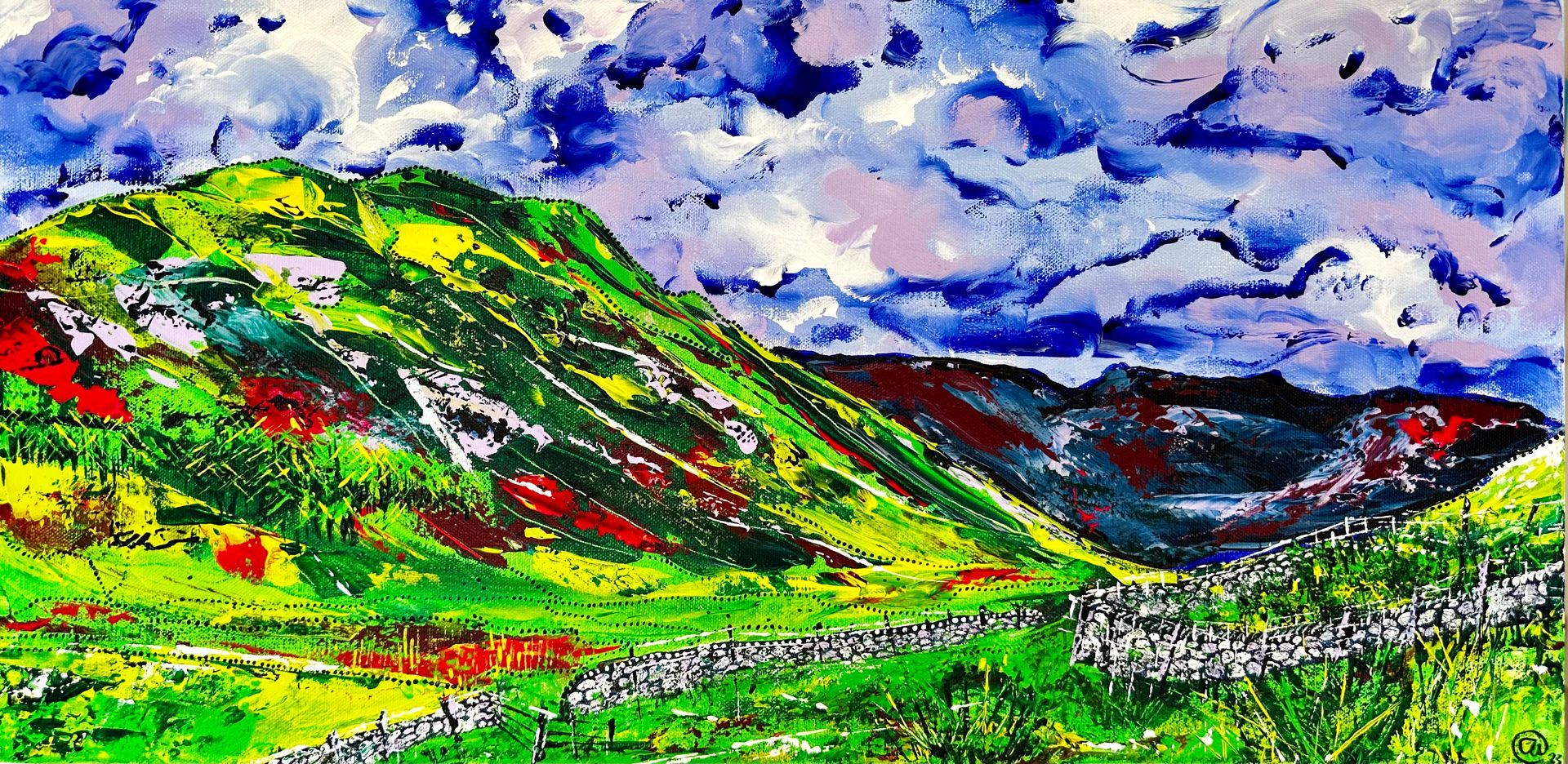Large contemporary painting of the Langdales in The Lake District England, painted with my fingers and including inspiration of Aboriginal dot art, encapsulating the spiritual aspect of nature within art and the history of dry stone walls. Vivid colours painted with pallet knife.
“Of Hand & Heart” speaks of the dry stone walls surrounded by the beauty of the Great Langdale valley. Whenever I get close to these walls, I imagine what it was like for those who spent time building them, rock by rock, hand by hand and the love they put into it, whilst being overlooked by the nature of the valley. How peaceful, meditative and rewarding it must have been – nurturing for the heart and soul.
I have painted this using acrylic paint with pallet knifes, which I favour for the way it applies paint to canvas. This creates textures and a raw imperfection which feels natural and real in connecting with nature. It helps explore beauty in imperfection and the wildness of nature. I have also painted using my fingers, particularly in the clouds, feeling within them. Clouds have a sense of freedom and movement, which I feel is expressed better with my hands and fingers in the paint. 
The dot detail is drawn from my inspiration of Aboriginal art and how we as people are connected to the land, we are all part of our earth, we are one.