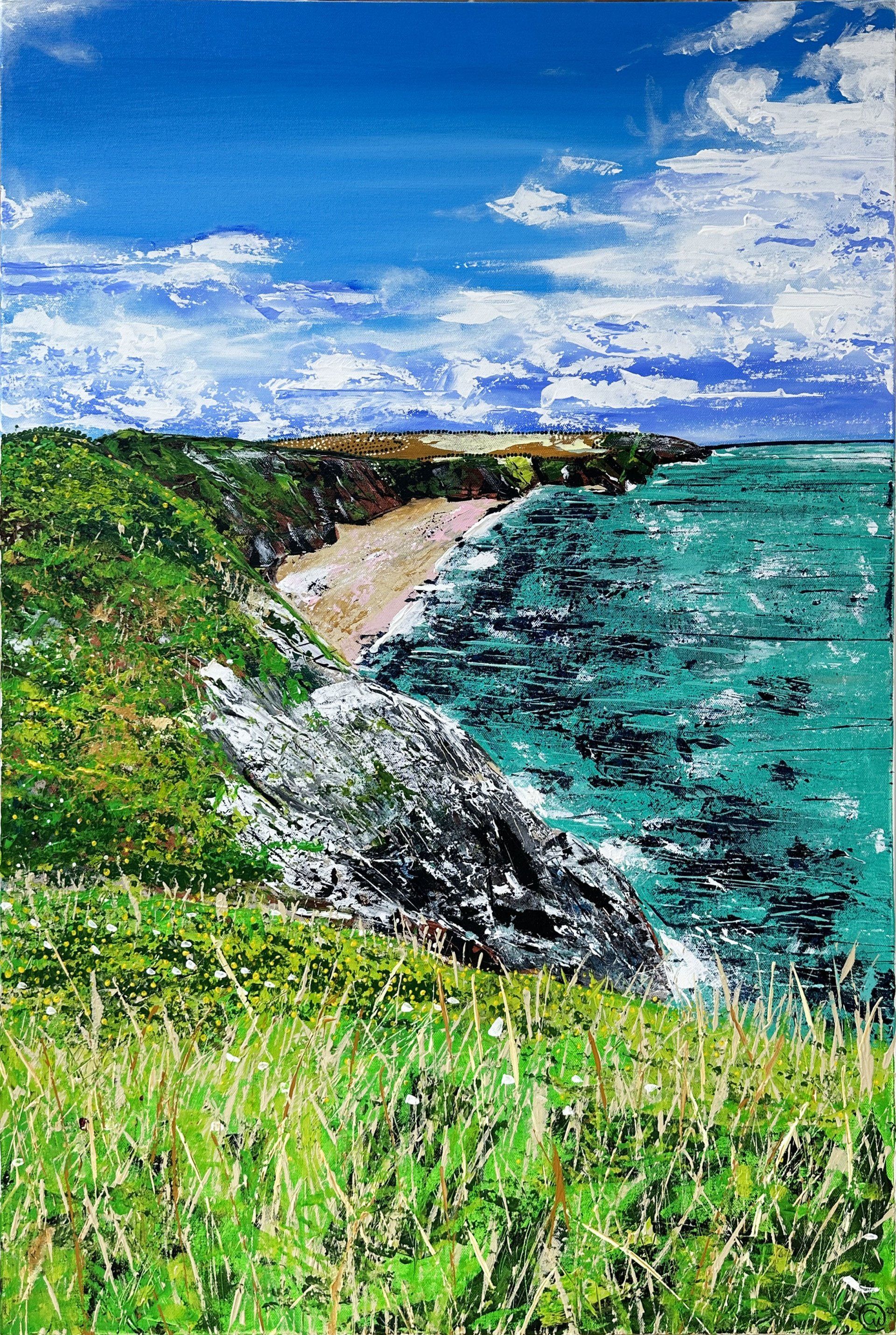 Large contemporary painting of Porthbeor Beach in Cornwall, painted with my fingers and including inspiration of Aboriginal dot art, encapsulating the spiritual aspect of nature within art. Memories of Cornish folklore like the Mermaid of Zennor and Zennor Rock and the beautiful rugged coastline.
“Amphitrite Sings” Porthbeor Beach, Cornwall represents the connection between the solitude of this wild beach and the power of the ocean. Looking down from the footpath as we walked towards St Anthony’s Lighthouse and St Mawes in the Roseland Peninsula, I felt a sense of freedom as the rough sea rolled and crashed on the bare shore. This beach felt connected to the sea, like old friends, free from human and pet footprints, seagulls laughing and gloating because they could access this beach to play. As the ocean absorbed my attention, her sense of power, fun, ownership, freedom, beauty, strength, ability to change and her unpredictability filled me with respect. Amphitrite, the goddess of the sea, was confined in her authority to the sea and the creatures within in. In this painting I feel you can imagine her playing and orchestrating the sea and it’s creatures... and as she does so, you may be able to hear her sing.