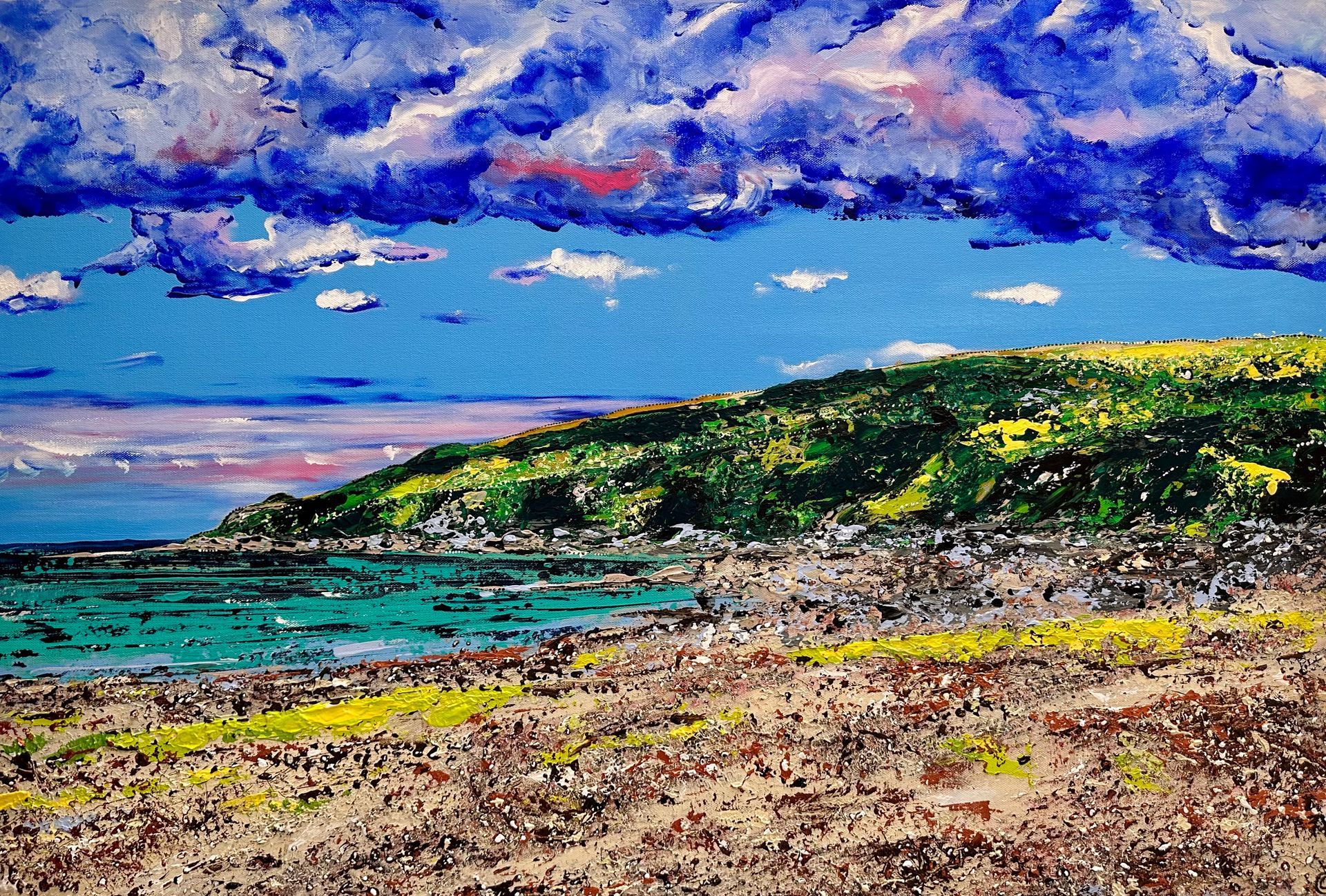 Large contemporary painting of Portscatho in Cornwall, painted with my fingers and including inspiration of Aboriginal dot art, encapsulating the spiritual aspect of nature within art. Memories of Cornish folklore and the rugged coastline.
“Scatterings of Morvoren” represents Porthbean Beach near Portscatho in Cornwall. Standing here I pondered the changing tide and the scatterings of seaweed designed across the pristine beach. I imagined a Cornish mermaid (morvoren) encouraging the waves to throw seaweed onto the shore in a decorative manor, a sense of fun and playfulness between ocean and mermaid as she giggles… safe and nurtured by the sway of the waves and caressing seaweed dancing below her.