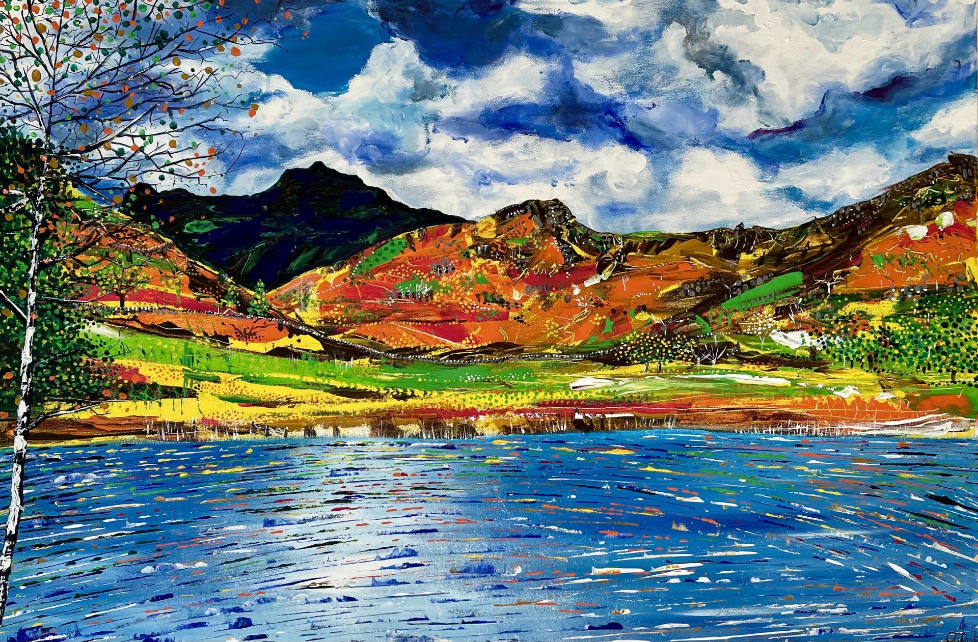 “Trip to Blea Tarn” represents the deep spiritual sense of peace and freedom felt at this viewpoint in 
The Lake District. It is so quiet here, but one feels drawn to the dense spiritual being of the lake, the mountains and the trees, connecting all that is around us and within us together, forming a deep bond with Mother Nature. The autumnal colours provoke curiosity and awe, and one may feel their soul smile from within as we connect to the beauty and stillness experienced in this moment.