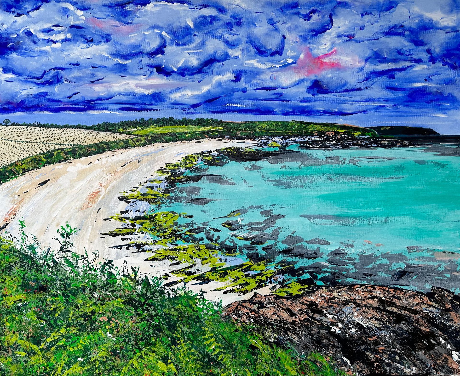 Large contemporary painting of Padstow in Cornwall, painted with my fingers and including inspiration of Aboriginal dot art, encapsulating the spiritual aspect of nature within art. Memories of Cornish folklore and the rugged coastline.
“Turn of the Tide” represents Towan Beach, Gerrans Bay in Cornwall. When standing at this viewpoint along the coastal path, I reminisce looking back to the beach and what really drew me in was how far out the tide had gone, leaving behind a beautiful arrangement of rocks with neon green algae and seaweed. The previous day, when the tide was in, I was sitting on the beach with my family, eating sandwiches and laughing at couple of curious seals bobbing their heads up and down, lulling in the waves and coming up close to enquire into what us humans were up to. Either side of the tide held different experiences, I love that, the same beautiful place can be so many things, ever-changing, all part of nature 
and what we share within it.