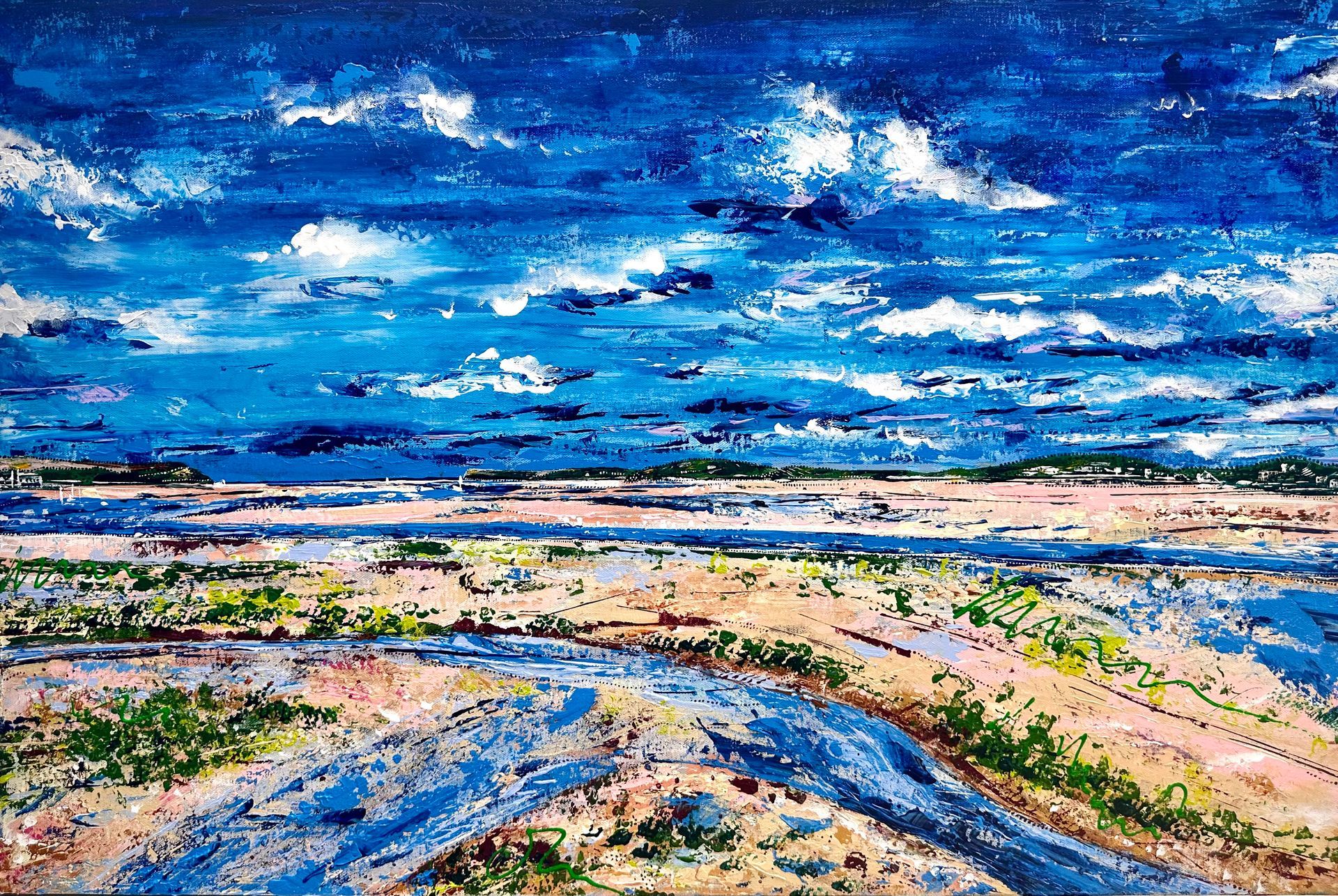 When cycling the Camel Trail, I love stopping at this spot on the bridge where you can look out beyond the Doom Bar, a sandbar said to have been cursed by a heartbroken mermaid who had been shot by a local man who she fell in love with. The cursed of the Doom Bar is known to have wrecked more that 600 fishermen and merchant ships!
On this day over the summer, the tide was completely out and I watched as fishermen turned the bed of the River Camel, digging up rag worm for bait to be used later when the tide was high and they made their way out to sea. It made me reflect on the rhythm of nature, how connected and in tune it is. Different tides bring different opportunities, the moon in tune with Earth and nature – there is balance. I thought of how important it is to maintain balance, not just in our actions, but also in our thoughts, words and how we interact with the world around and within us – harmony.
Large contemporary painting of Padstow Camel Estuary in Cornwall, painted with my fingers and including inspiration of Aboriginal dot art, encapsulating the spiritual aspect of nature within art. Memories of Cornish folklore and the rugged coastline and fresh seafood.