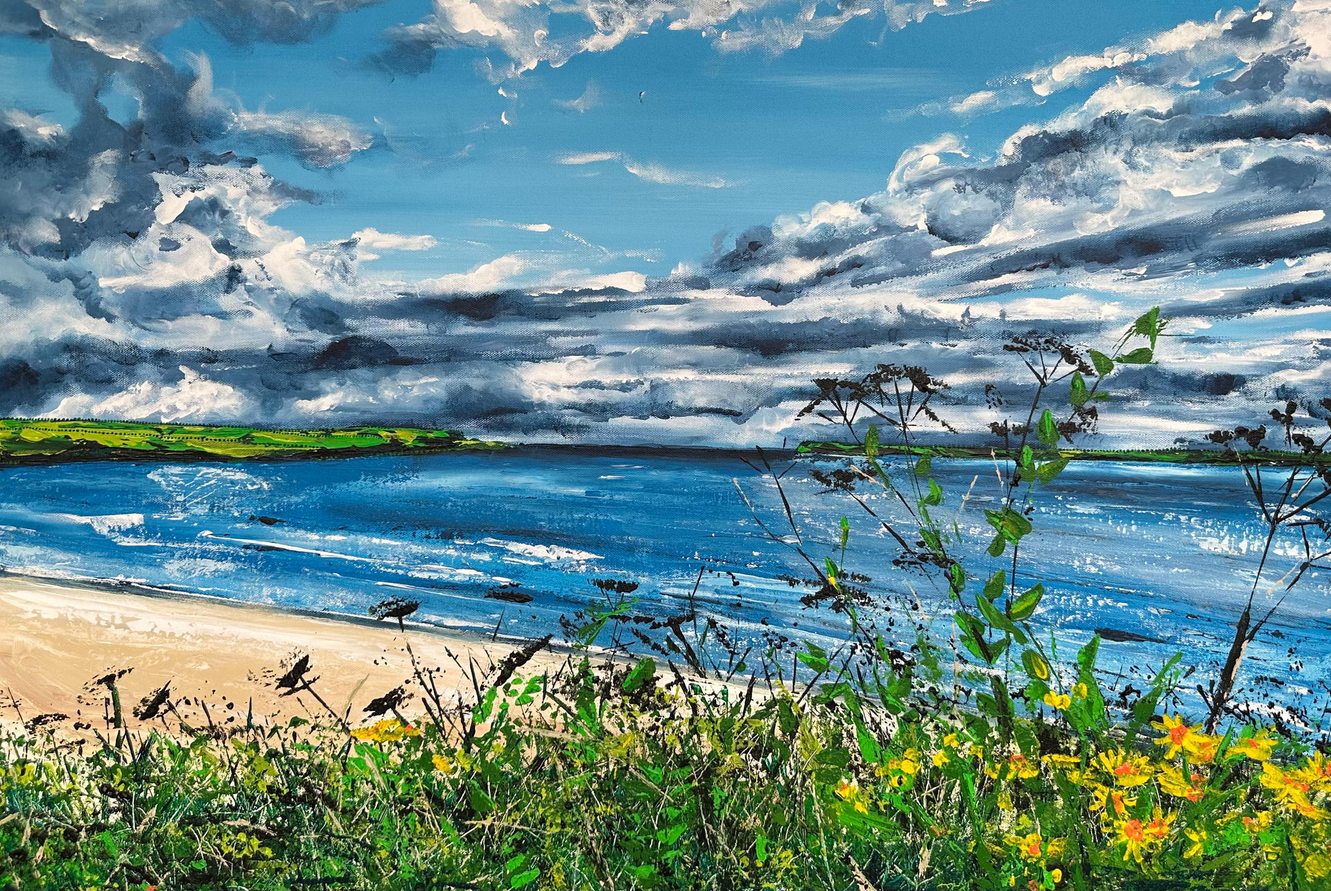 Large contemporary painting of Padstow in Cornwall, painted with my fingers and including inspiration of Aboriginal dot art, encapsulating the spiritual aspect of nature within art. Memories of Cornish folklore and the rugged coastline.
“Gate to serenity” represents a moment in time captured in Padstow, Cornwall. The view is breathtaking and can easily stop one in their tracks allowing for a moment of true beauty and reflection. The mouth to the Camel Estuary is like a gate which draws one into beauty and peace, safe from the unpredictable ocean even though rugged and wild.